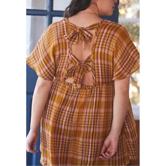 NEW Anthropologie Gauzy Plaid Cotton Flutter-Sleeve Babydoll Mini Dress Large - Picture 6 of 8
